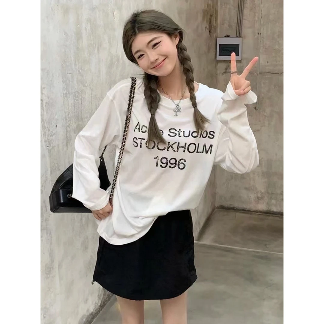 黑色oversize慵懒风长袖字母做旧t恤女夏季独特别致宽松休闲上衣