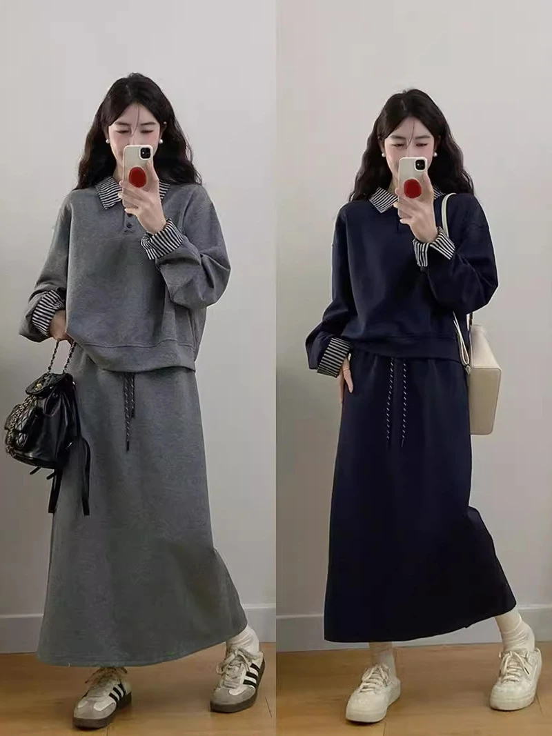 破价！S-4XL~大码假两件卫衣+半身裙两件套女胖mm遮肉显瘦休闲套装