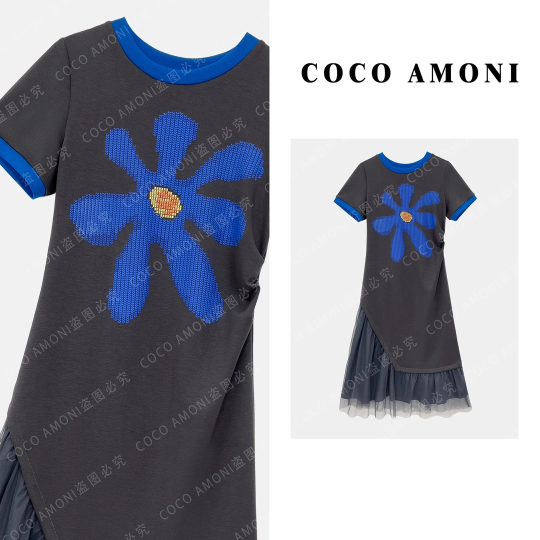 [曼姐]新款夏季拼色海洋花显气质时尚百搭长裙连衣裙ZP235