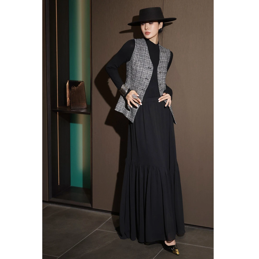 欧美法式女装时尚小香风粗花呢马甲外套打底衫飘逸长半裙三件套秋