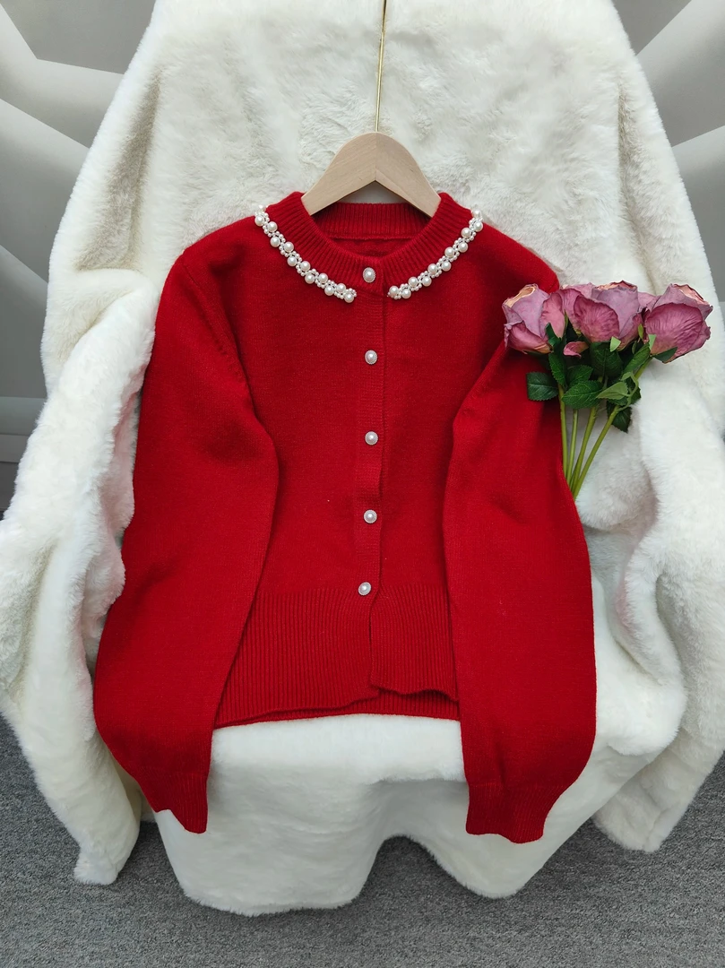 女休闲风长袖厚款毛衣洋气圆领秋季红色小香风时尚韩版