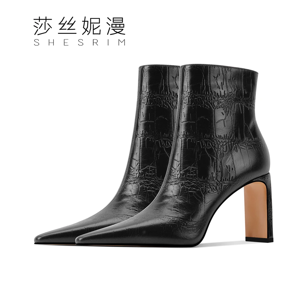 2025年秋冬新款粗跟冬季尖头高跟侧拉链压花短靴女靴时尚绒里靴子