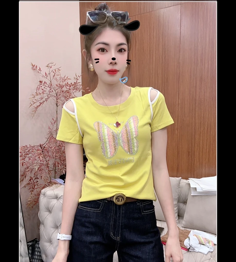 月月家，镂空短袖《烫钻蝴蝶》遮肉显瘦洋气设计感时尚上衣7700