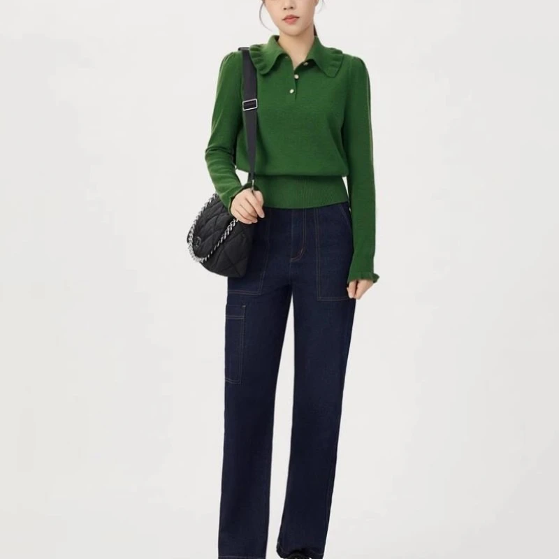 2024秋冬新款复古木耳边领花扣羊毛针织衫上衣女A301117