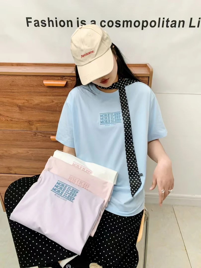 2025新款夏季休闲3排刺绣字母半袖