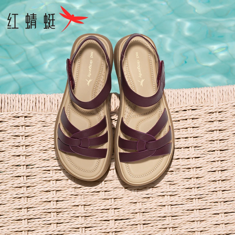 红蜻蜓妈妈凉鞋女2025夏季新款女鞋软底舒适真皮中老年人闰月凉鞋