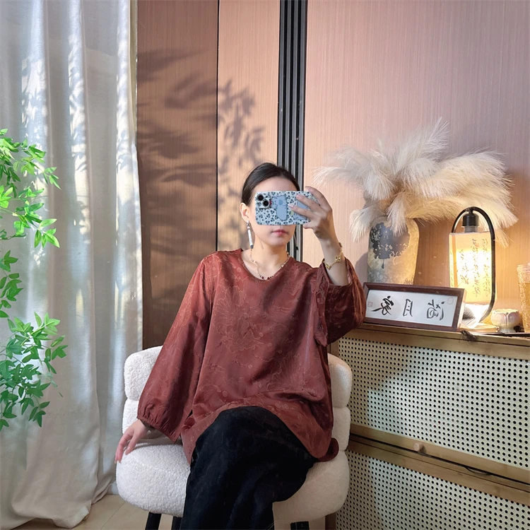【红袖添香】新中式油皮老料红云香云纱双面双穿高端国风九分袖上衣