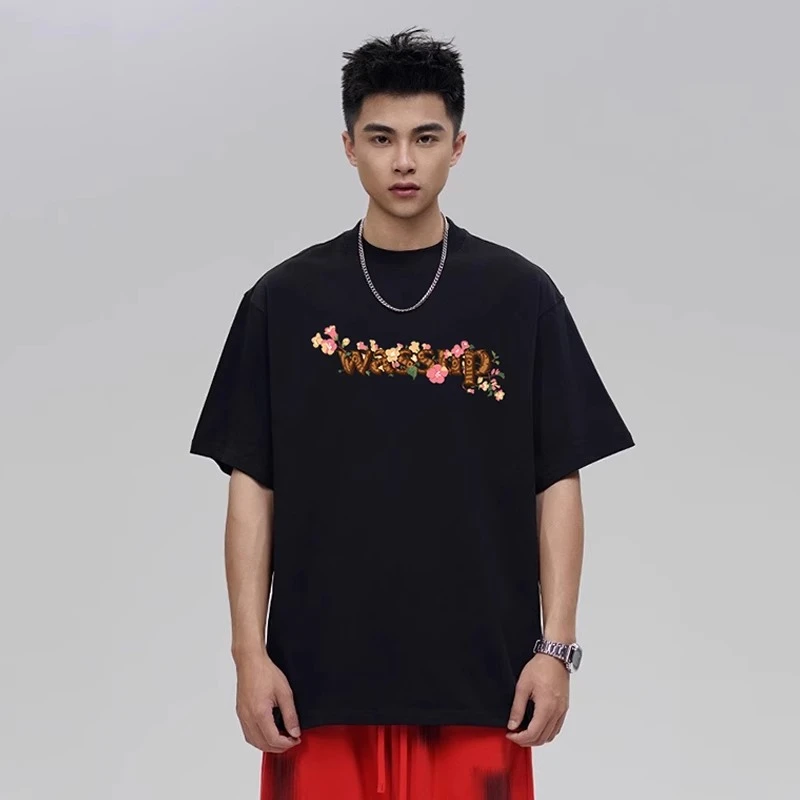 WASSUP花朵字母短袖T恤男夏季宽松休闲重磅纯棉情侣圆领体恤上衣