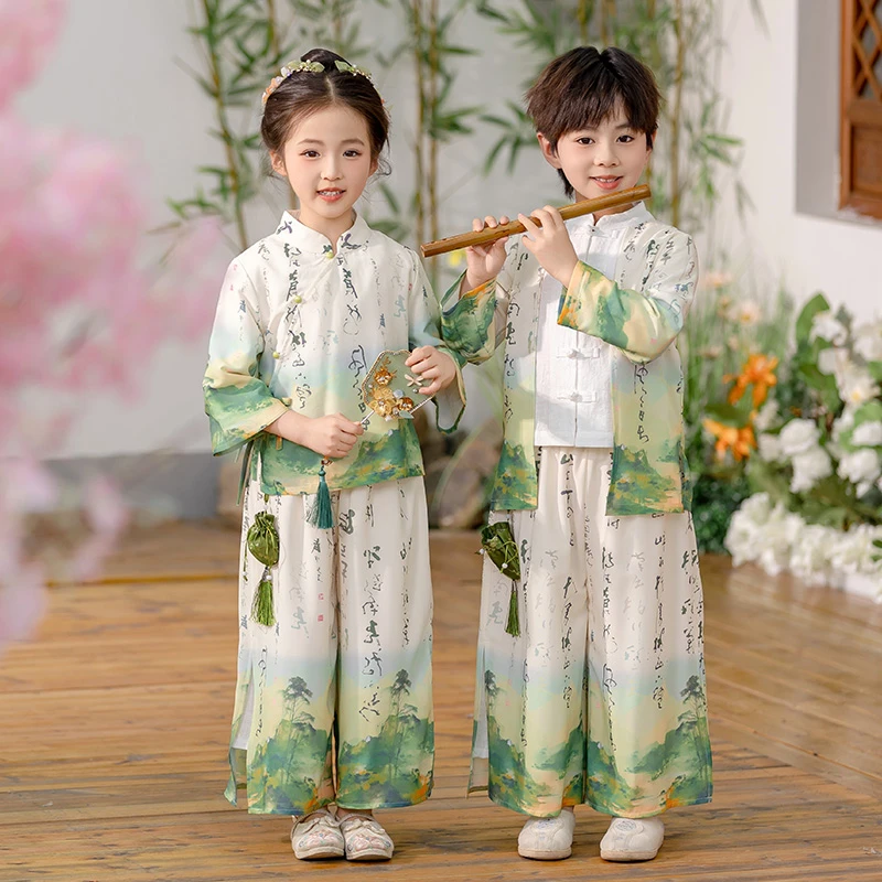 男女宝宝汉服国学演出服新款洋气时尚春季复古唐装新中式表演套装
