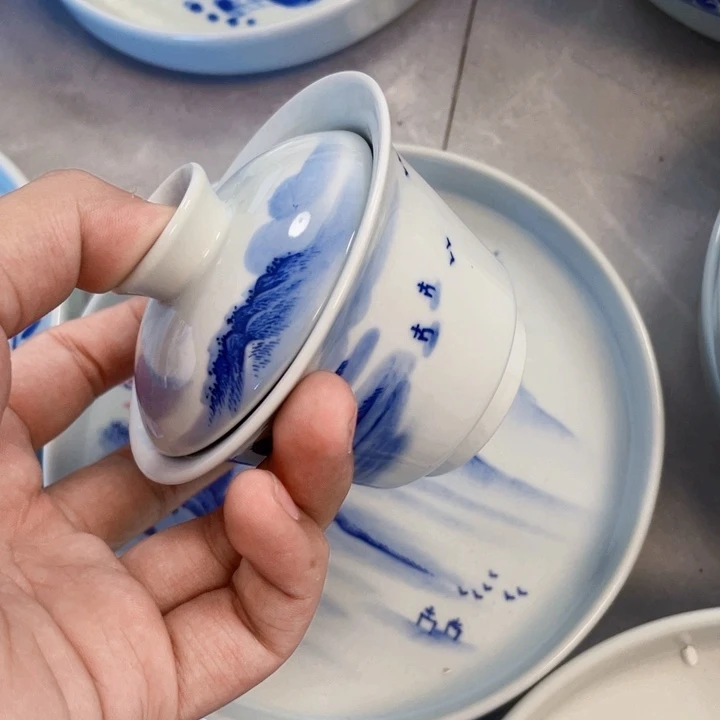 瓷片山水盖碗加壶承手绘