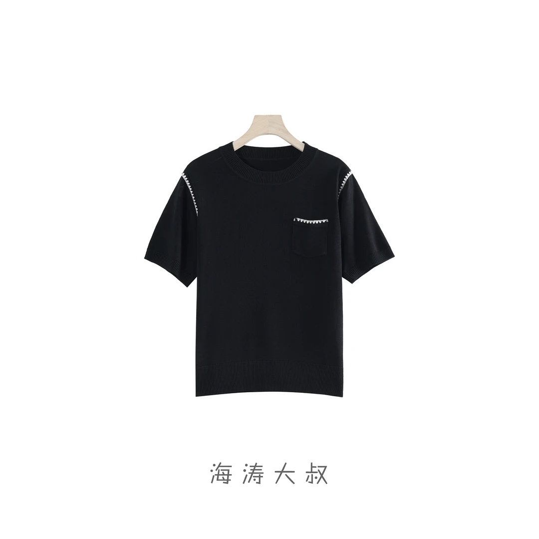 【海涛大叔】天丝亚麻撞色花边胸前口袋圆领短袖T恤