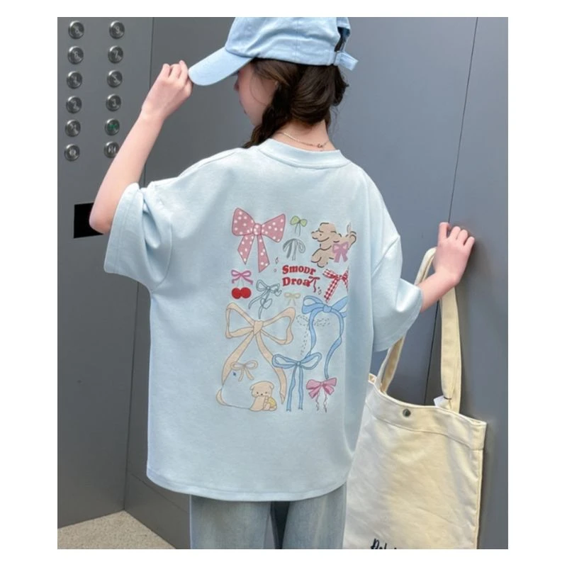 【丫丫童装】2025夏季新款女大童女童后背蝴蝶结印花T恤-K400