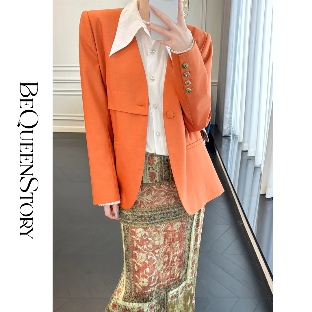 余潇潇【悉尼往事】轻奢含绵羊毛内衬印花直角肩V领中长款西装外套