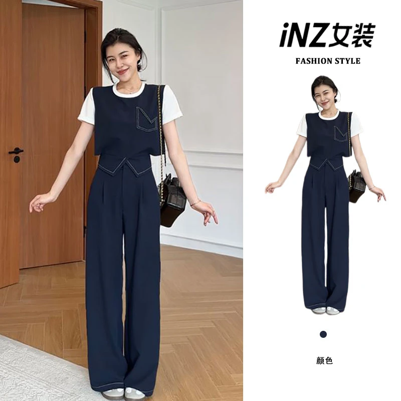 今年夏季一整套韩系立体版设计感T恤新款显瘦阔腿裤休闲两件套潮