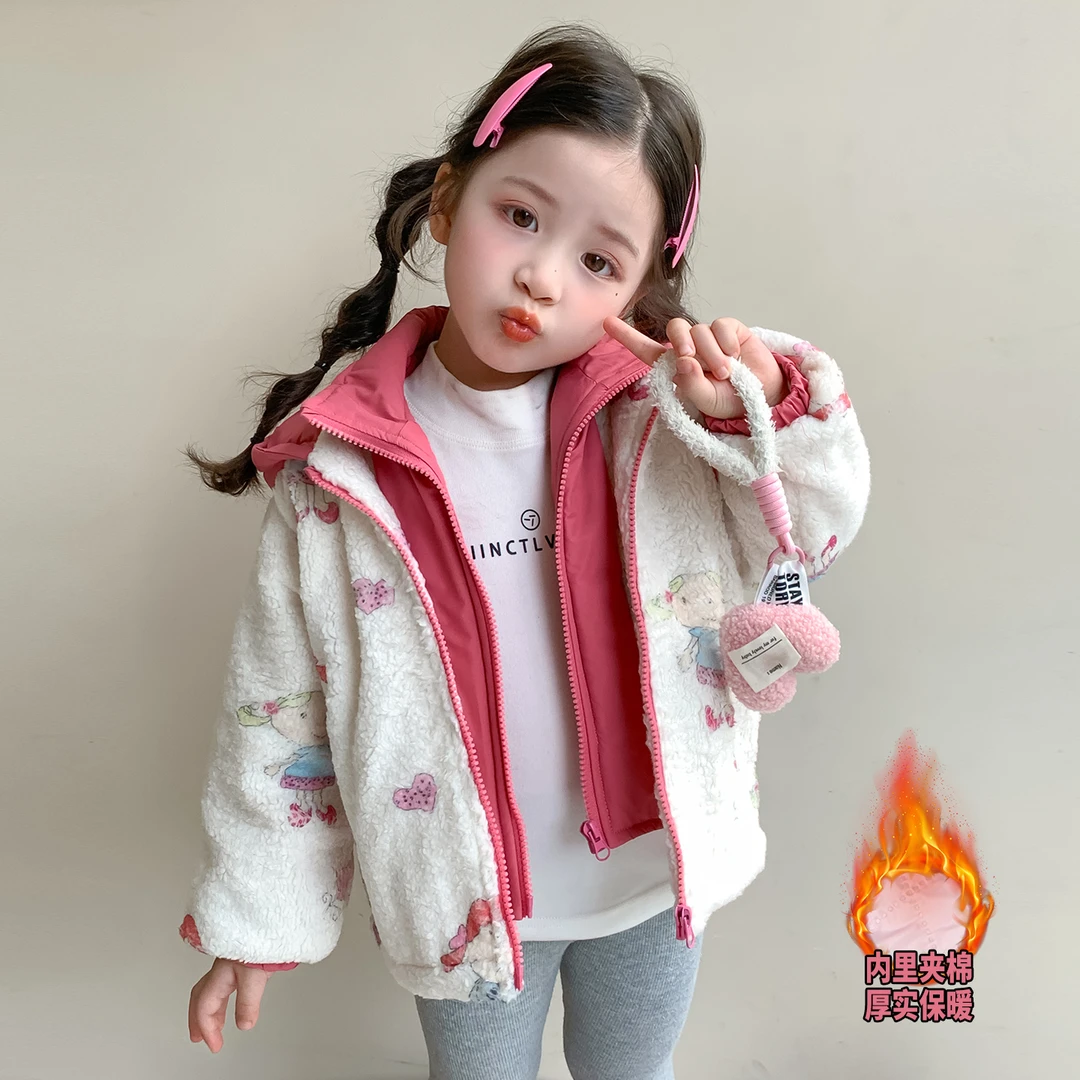 女童冬季加厚卡通外套2025新款儿童洋气夹棉毛毛衣女宝宝冬装保暖