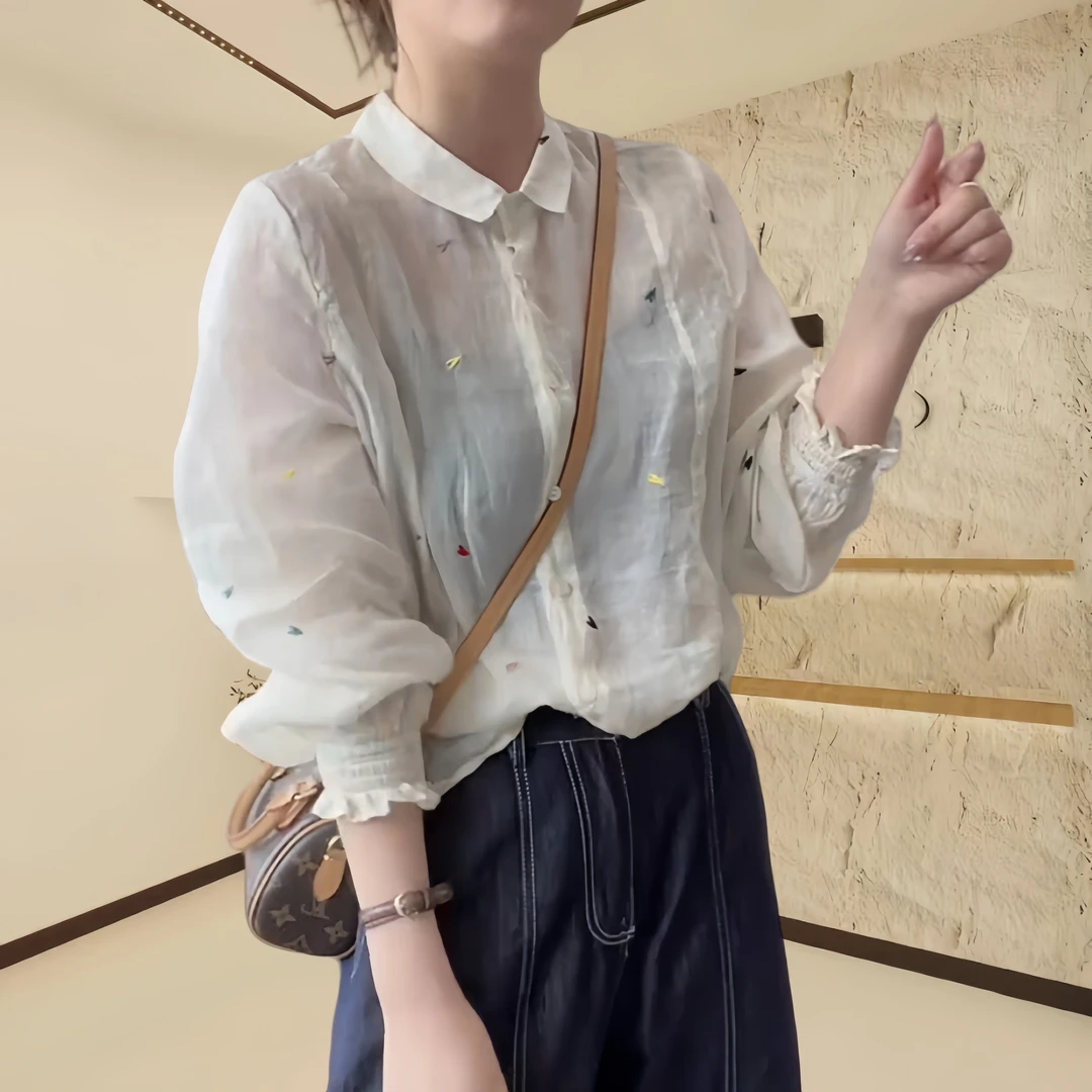2025夏季新款韩系仙女风爱心刺绣小方领衬衣休闲甜美长袖防晒上衣