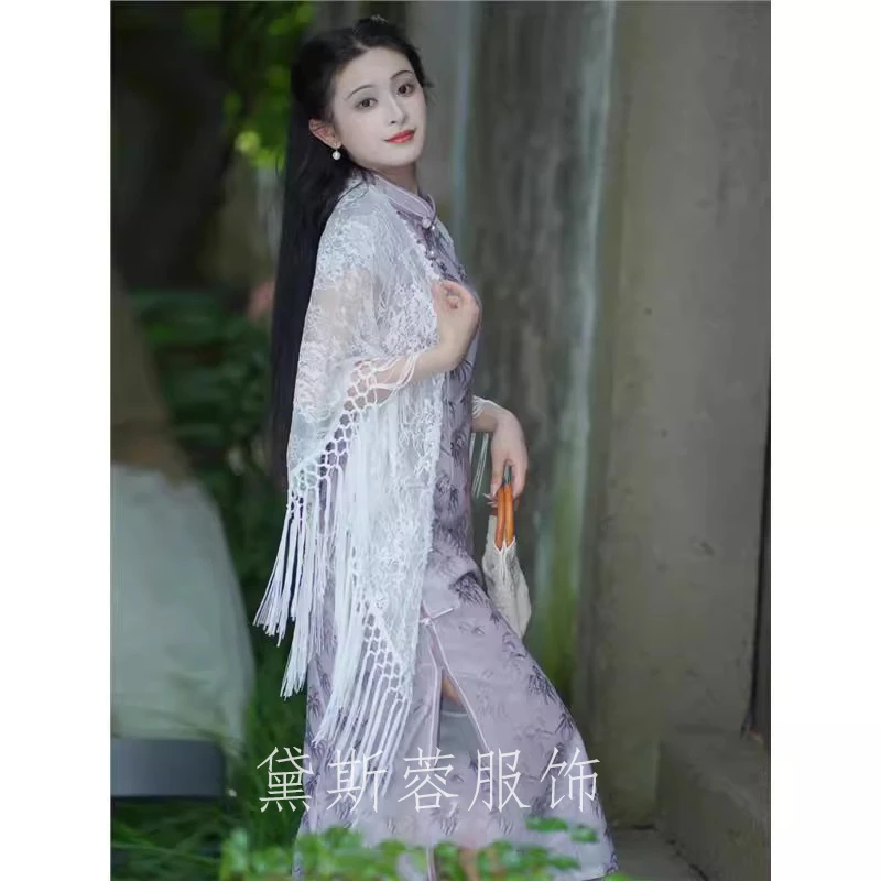 春夏季薄款长流苏蕾丝披肩配旗袍外搭2025新款三角巾坎肩知性优雅