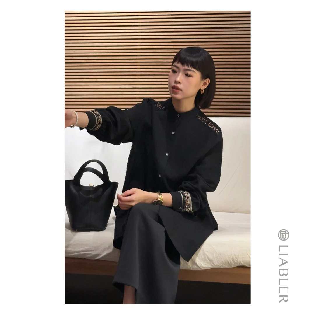 LIABLER D25秋冬亚麻纯色蕾丝拼接长袖上衣 LAW25592J