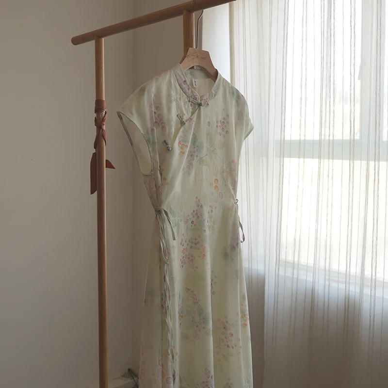 4448《半卷》原创夏季复古文艺收腰连衣裙国风气质新中式印花旗袍