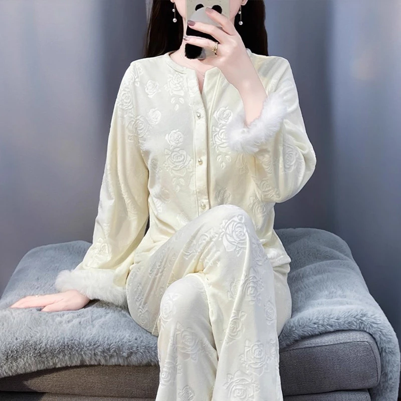 tpvl2025新款半边绒睡衣女秋冬季毛边家居服套装高级感可外穿保暖