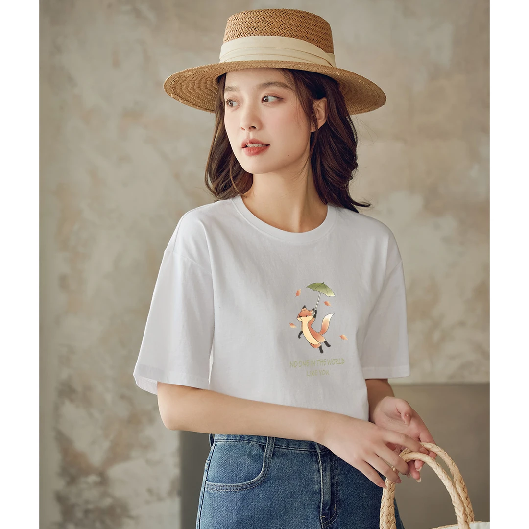 茵曼夏季宽松套头圆领短袖女舒适透气简约休闲T恤打底衫内搭上衣