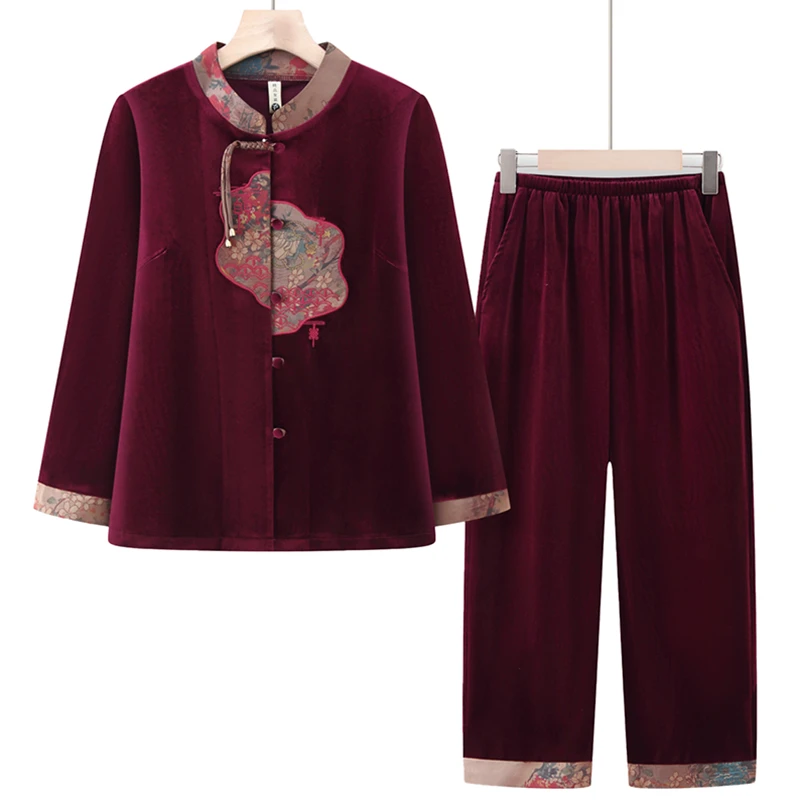 中老年女装春秋新款金丝绒套装大码妈妈装中式休闲两件套老人衣服