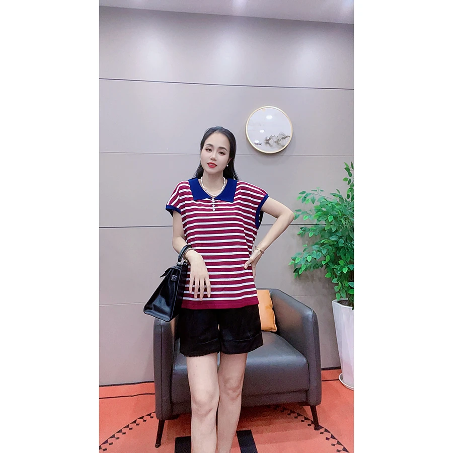 4212 夏季新款短袖T恤上衣翻领红条纹