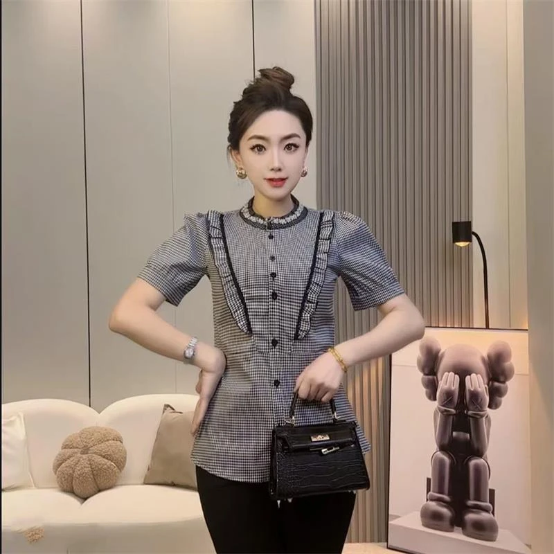 夏季圆领短袖重工珍珠木耳飞边修身微弹棉质衬衫女欧洲站新品百搭