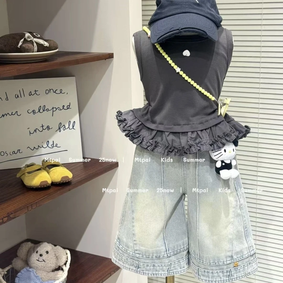 新款套装2025夏季韩系女童甜酷风灰色拼接背心百搭水洗七分牛仔裤