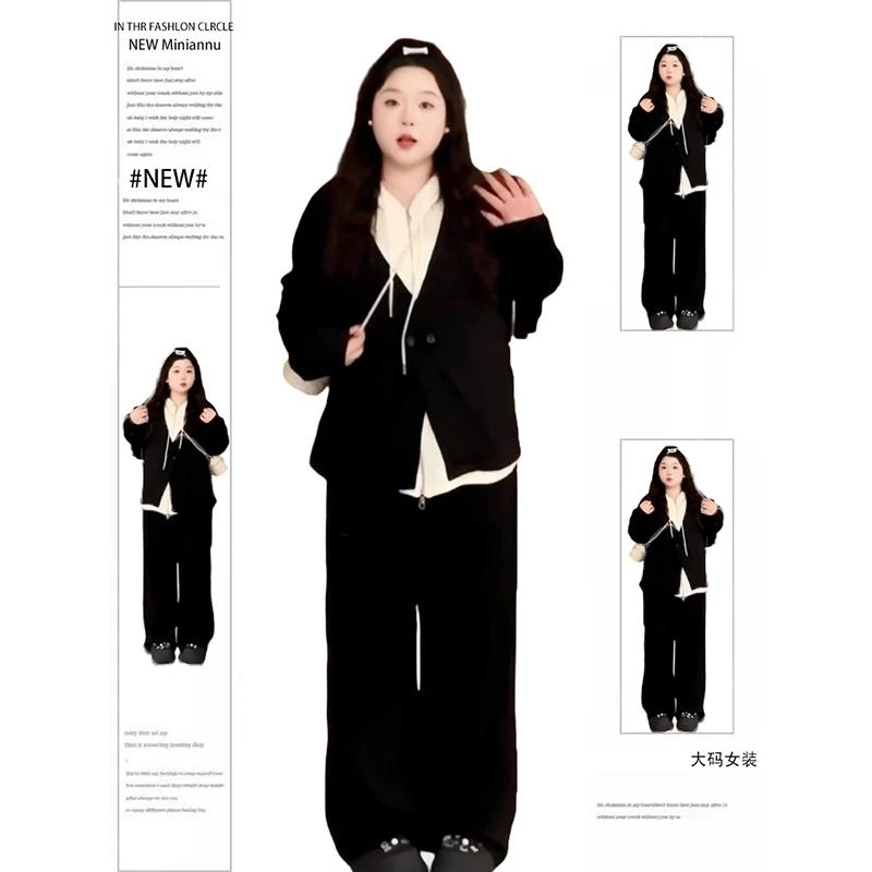 特大码胖mm300斤假两件连帽上衣两件套女春秋款宽松显瘦裤子套装2