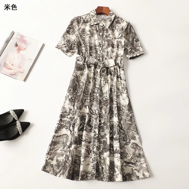 411100夏加长款短袖翻领连衣裙