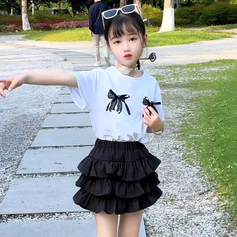 女童蝴蝶结T恤套装夏季2025新款儿童学院风夏装女孩蛋糕裙两件套