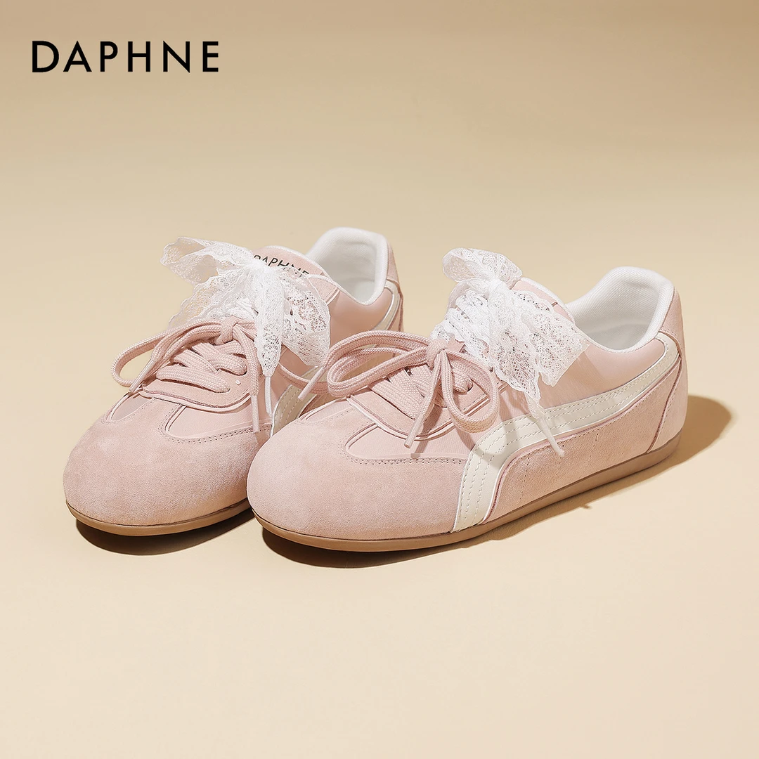 达芙妮粉色百搭芭蕾风德训鞋2025春季新款法式蕾丝系带运动阿甘鞋