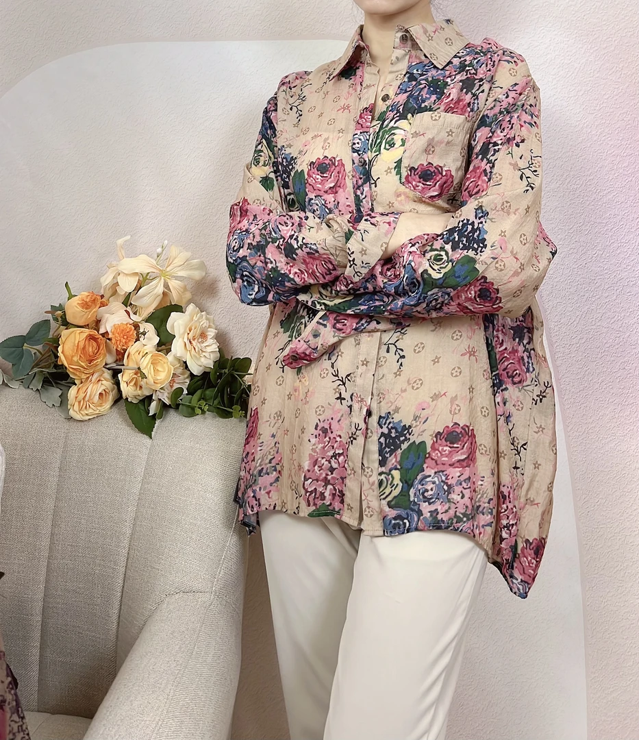 复古宽松衬衫女长袖时尚洋气文艺风印花衬衣春秋薄款