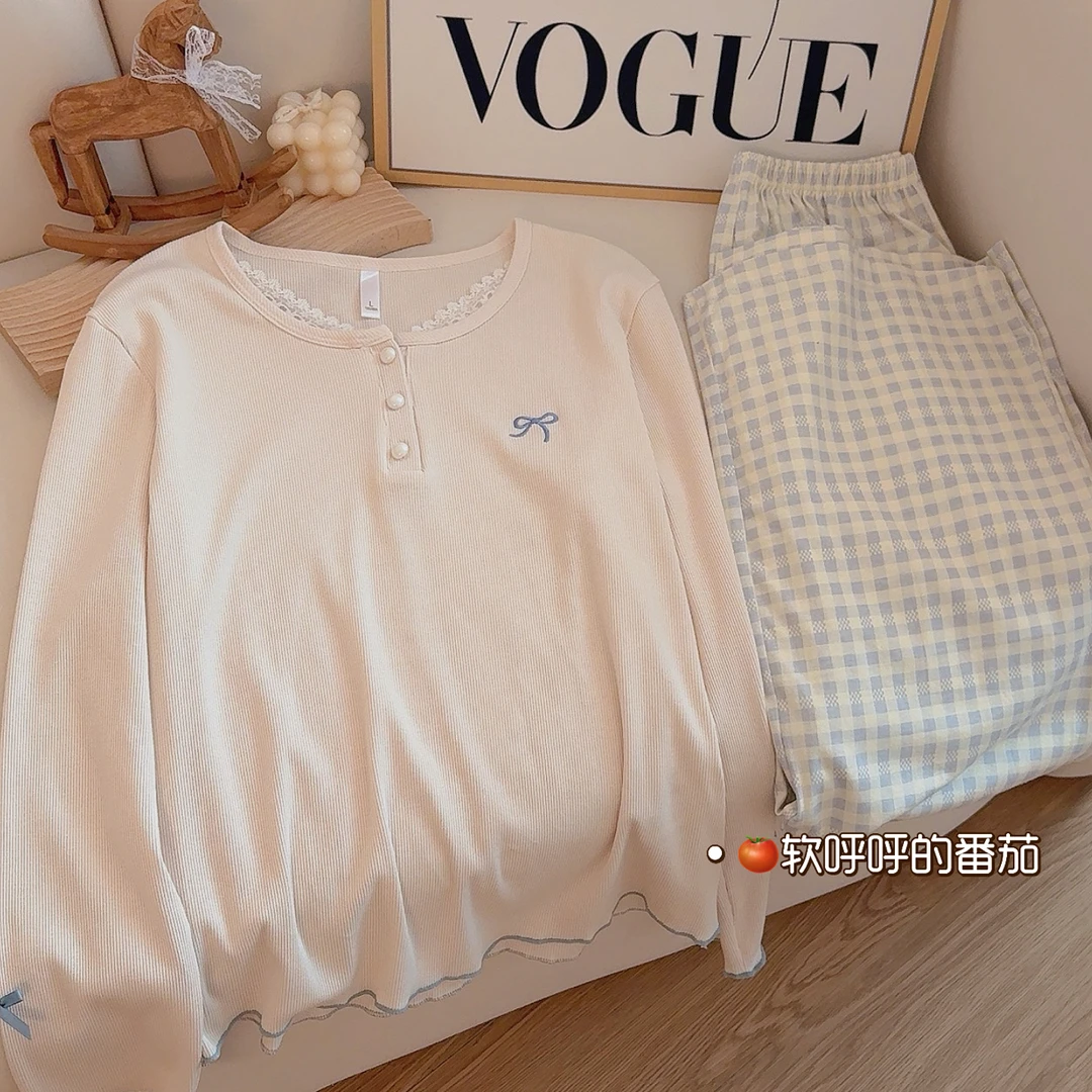 盐系女孩｜睡衣女款春秋韩系圆领套格子秋春长袖棉家居服