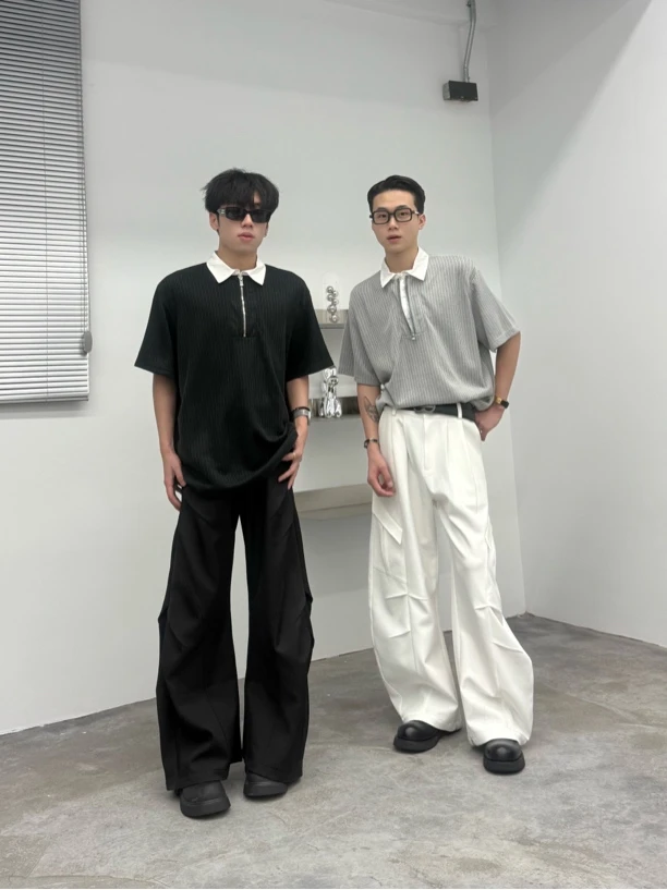 短袖薄款夏季提花拼色拉链Polo衫休闲韩版男款T6113