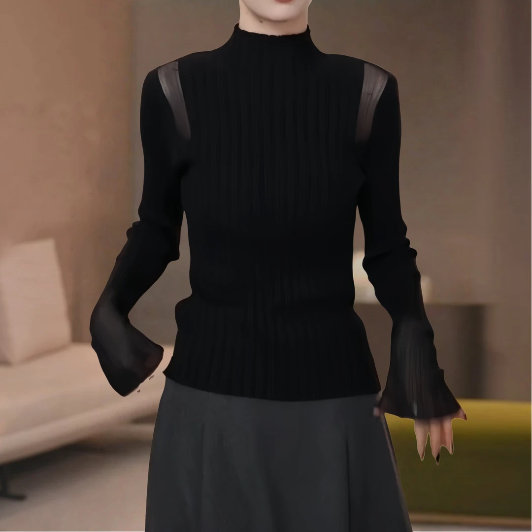 富家千金优雅镂空设计感长袖针织衫秋季轻熟风显瘦修身圆领上衣女