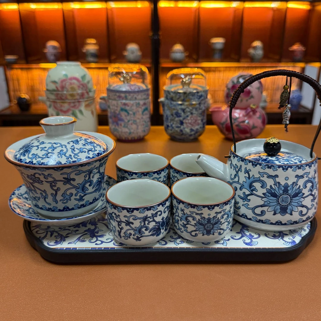 缠枝莲一壶带盖碗四杯  XF702