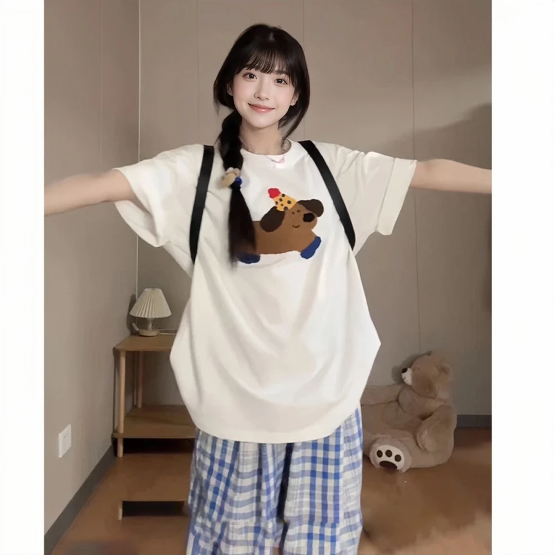 新款韩版休闲纯棉百搭春夏季短袖t恤女卡通印花宽松圆领半袖上衣