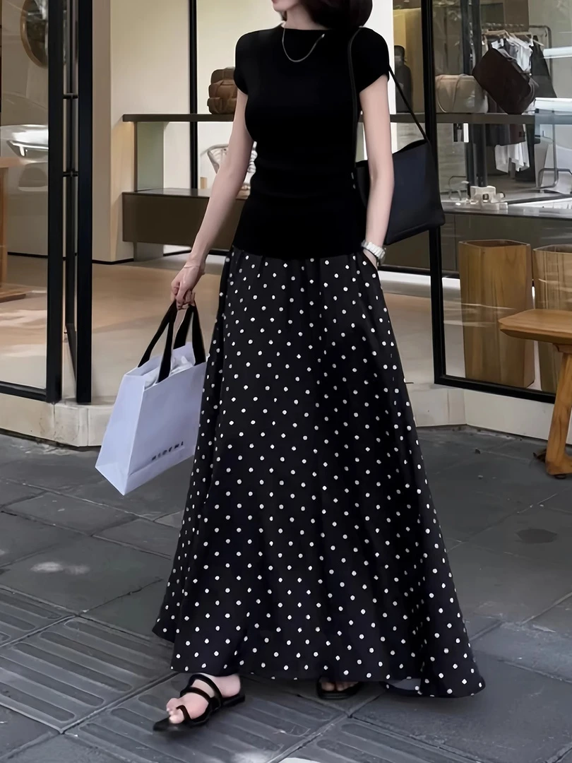 好穿到尖叫!黑色打底波点半身裙女夏季2025高腰显瘦气质a字裙子新