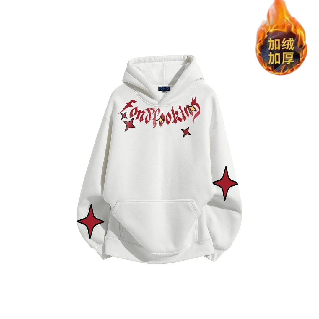 美式高街国潮宽松秋冬个性印花闪电校园百搭慵懒男女同款连帽卫衣