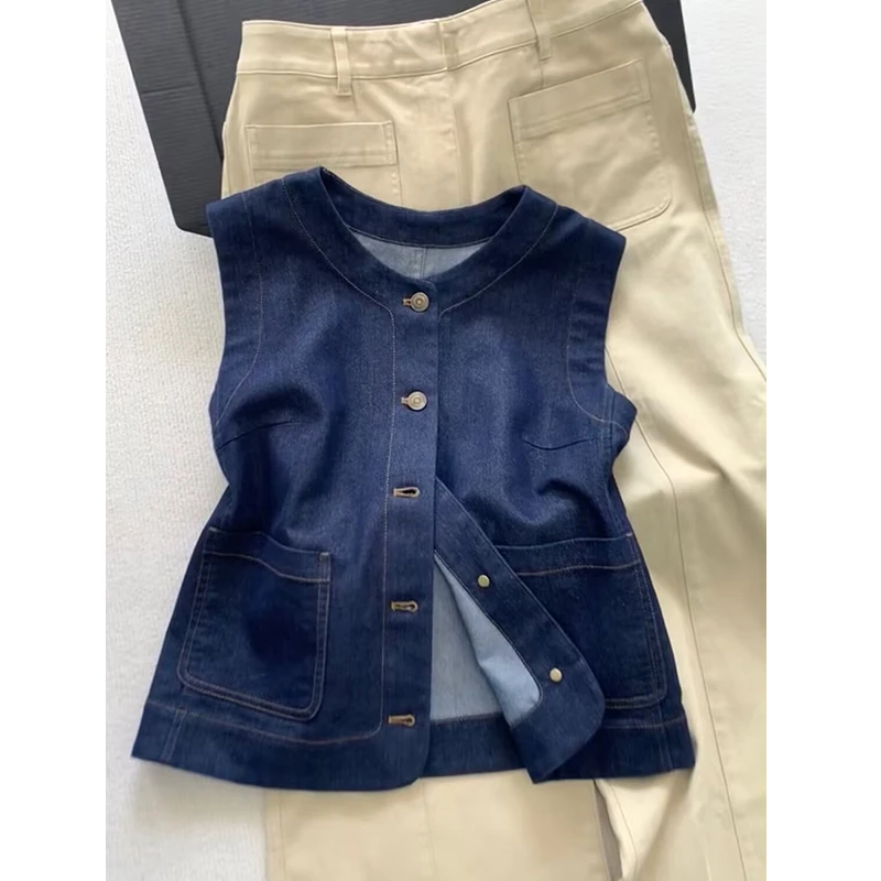 时尚洋气蓝色背心马甲女2025年夏季新款设计感超好看圆领牛仔上衣