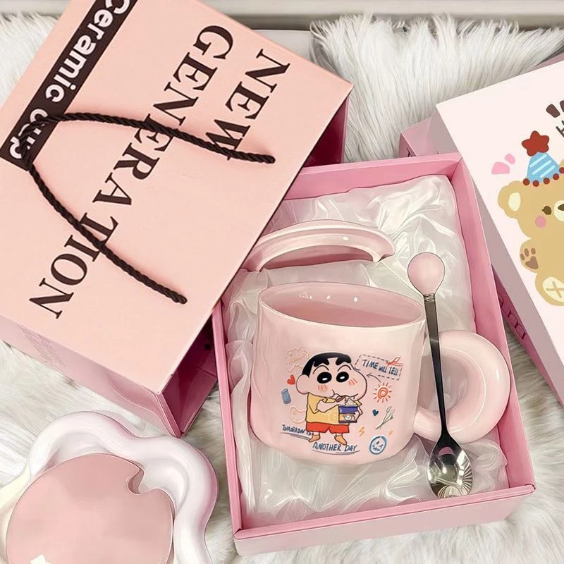 少女心高颜值蜡笔小新陶瓷带盖勺马克杯大容量创意水杯家用gf
