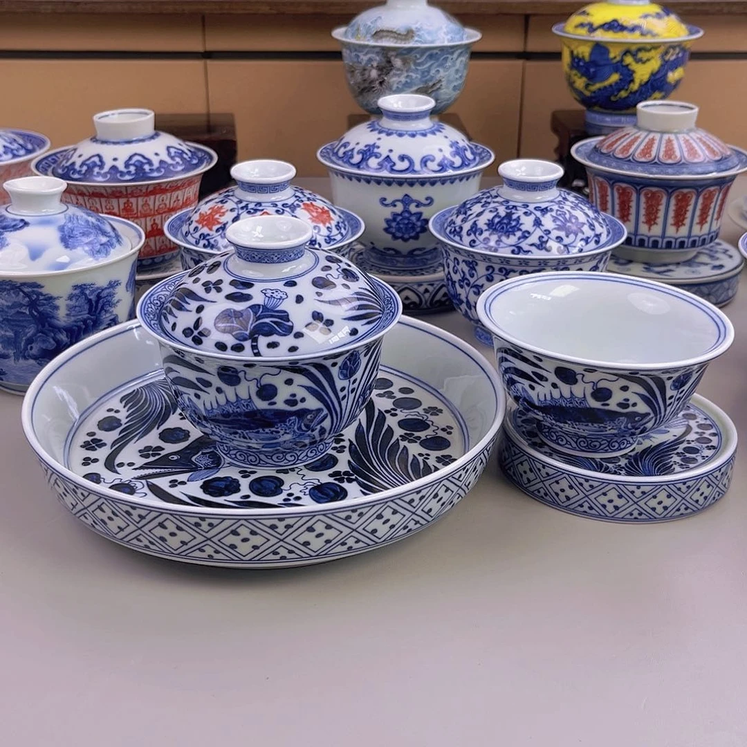 南****仿元青花鱼藻纹四件套