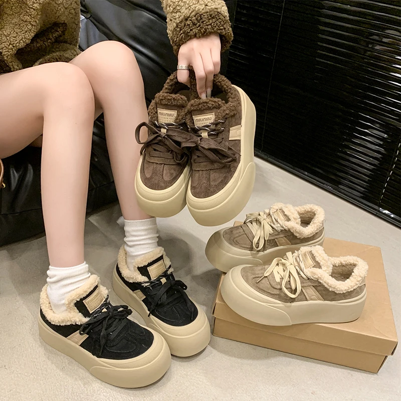 L厚底棉鞋女加绒冬季2025新款可爱休闲面包板鞋加厚保暖毛毛鞋