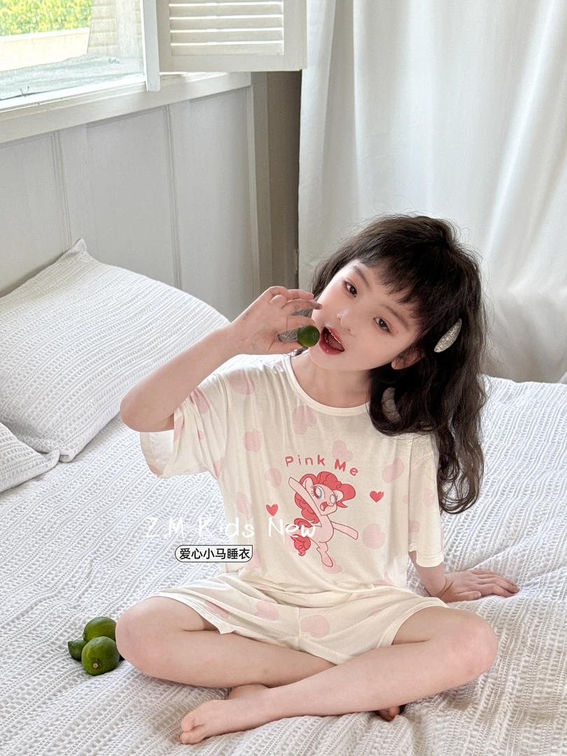 【爱心小马】2025夏季睡衣短袖短裤套装女童家居服两件套S-37025