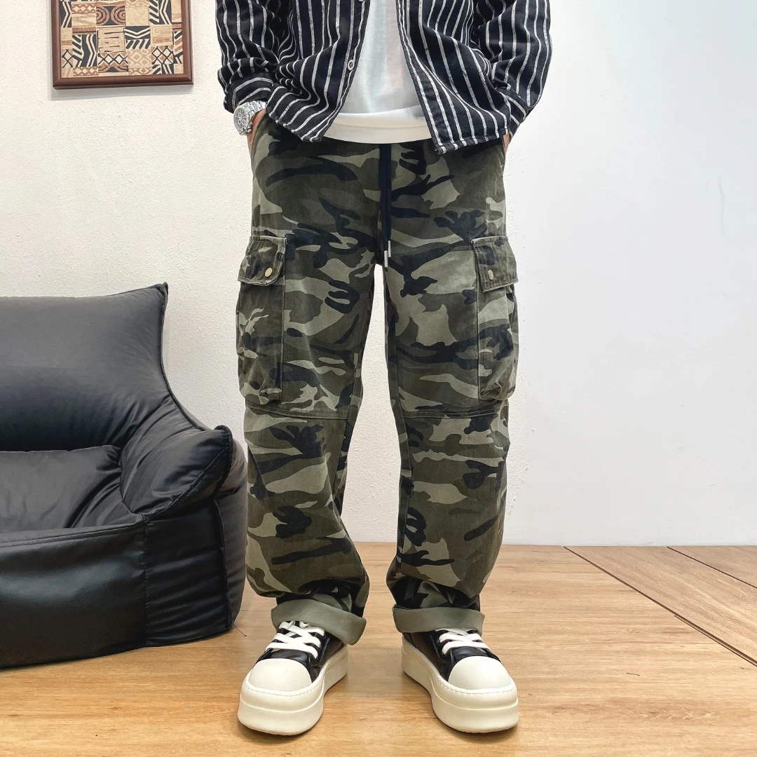 秋冬款美式痞帅重磅多口袋迷彩工装裤男直筒宽松百搭抽绳阔腿长裤