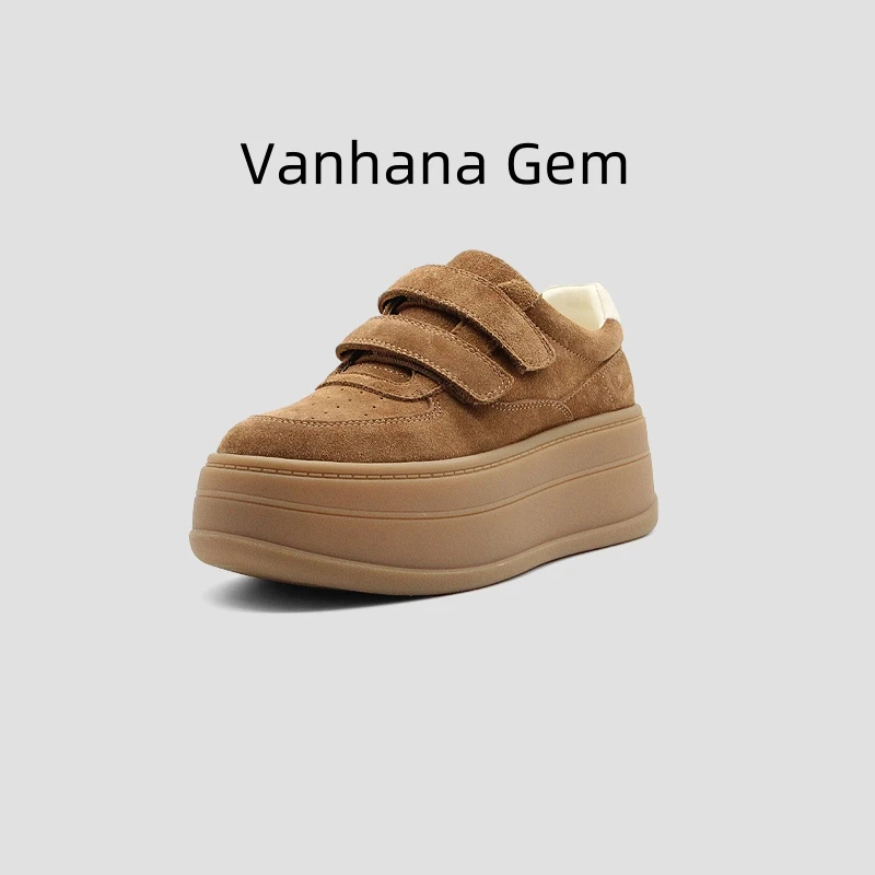 VANHANA GEM新款真皮魔术贴时尚休闲鞋圆头复古厚底女鞋25318-2