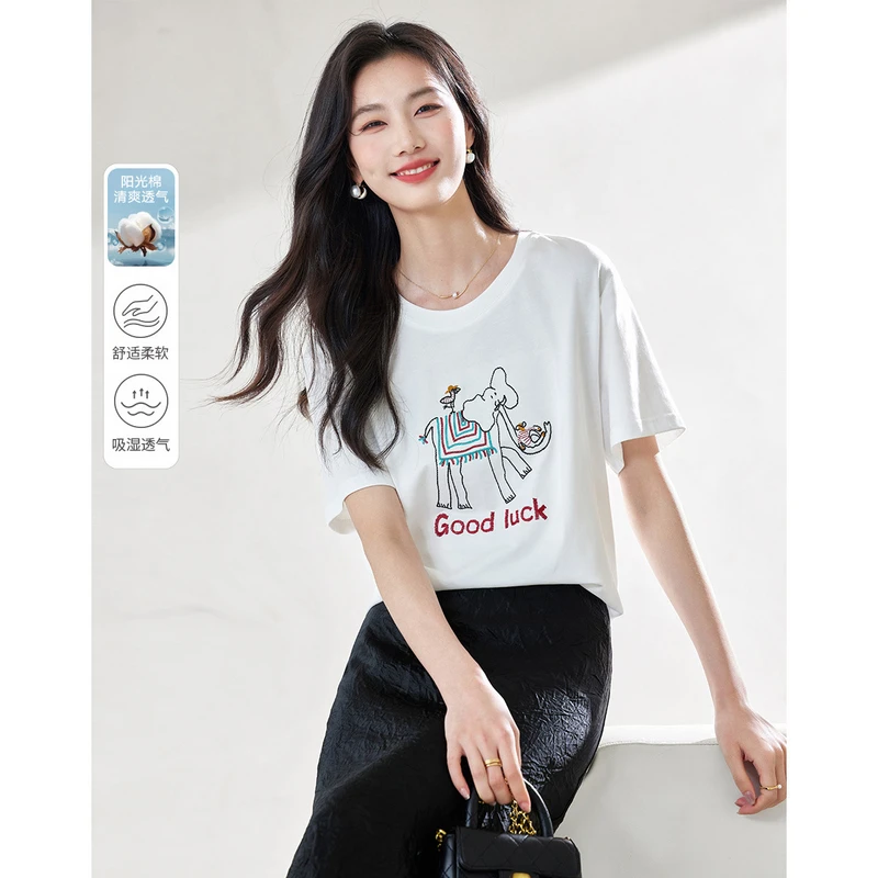 *简约通勤2025夏季新款印花短袖休闲t恤女宽松百搭M8092/A1350