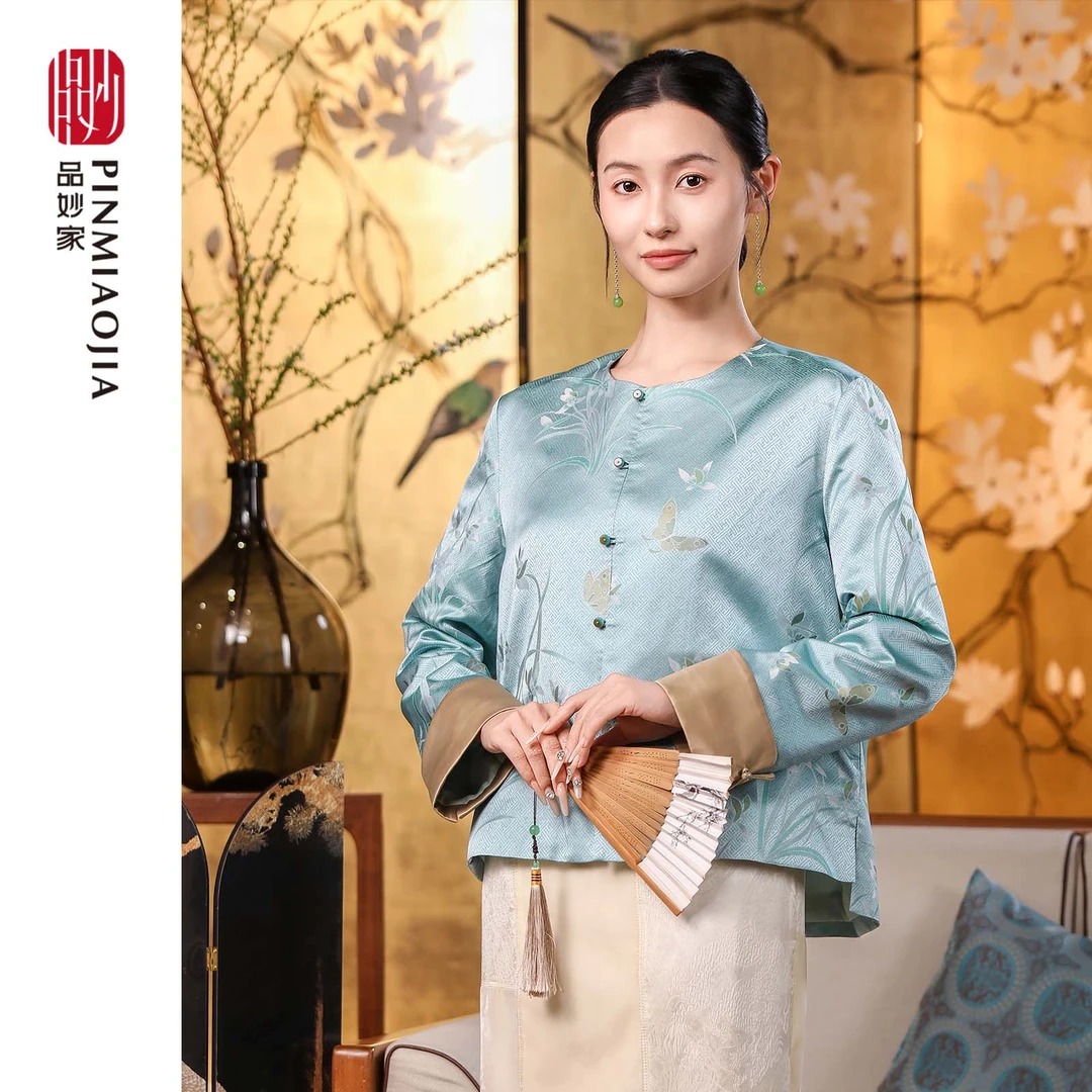 品妙家品妙家短款新中式外套宋锦缎长袖单排扣上衣复古气质对襟